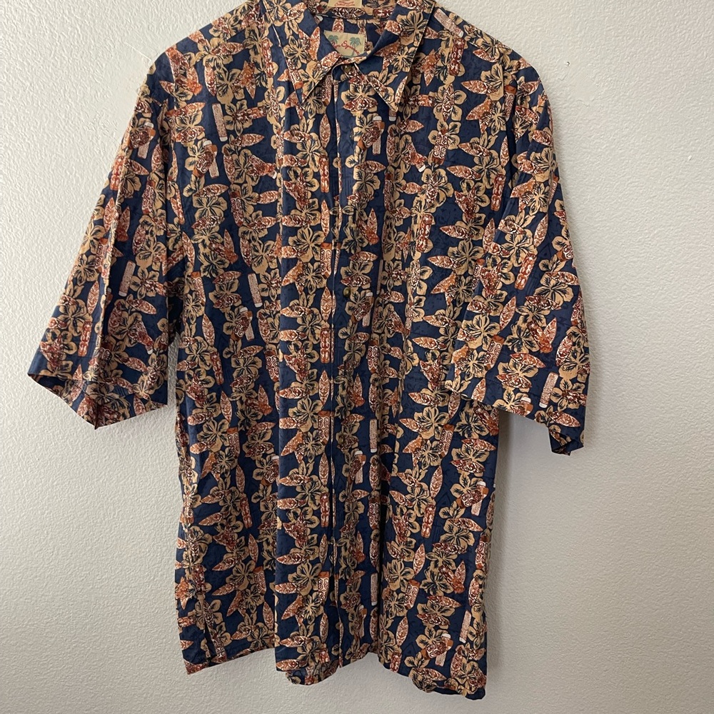 Reyn Spooner Navy and Tan Hawaiian Shirt Tiki Button Down Polo